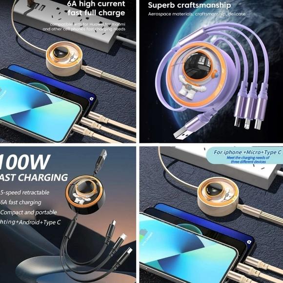 Astronaut 3 In 1 Fast Charging Data Cable Purple Multi-Connector - Picture 3 of 3